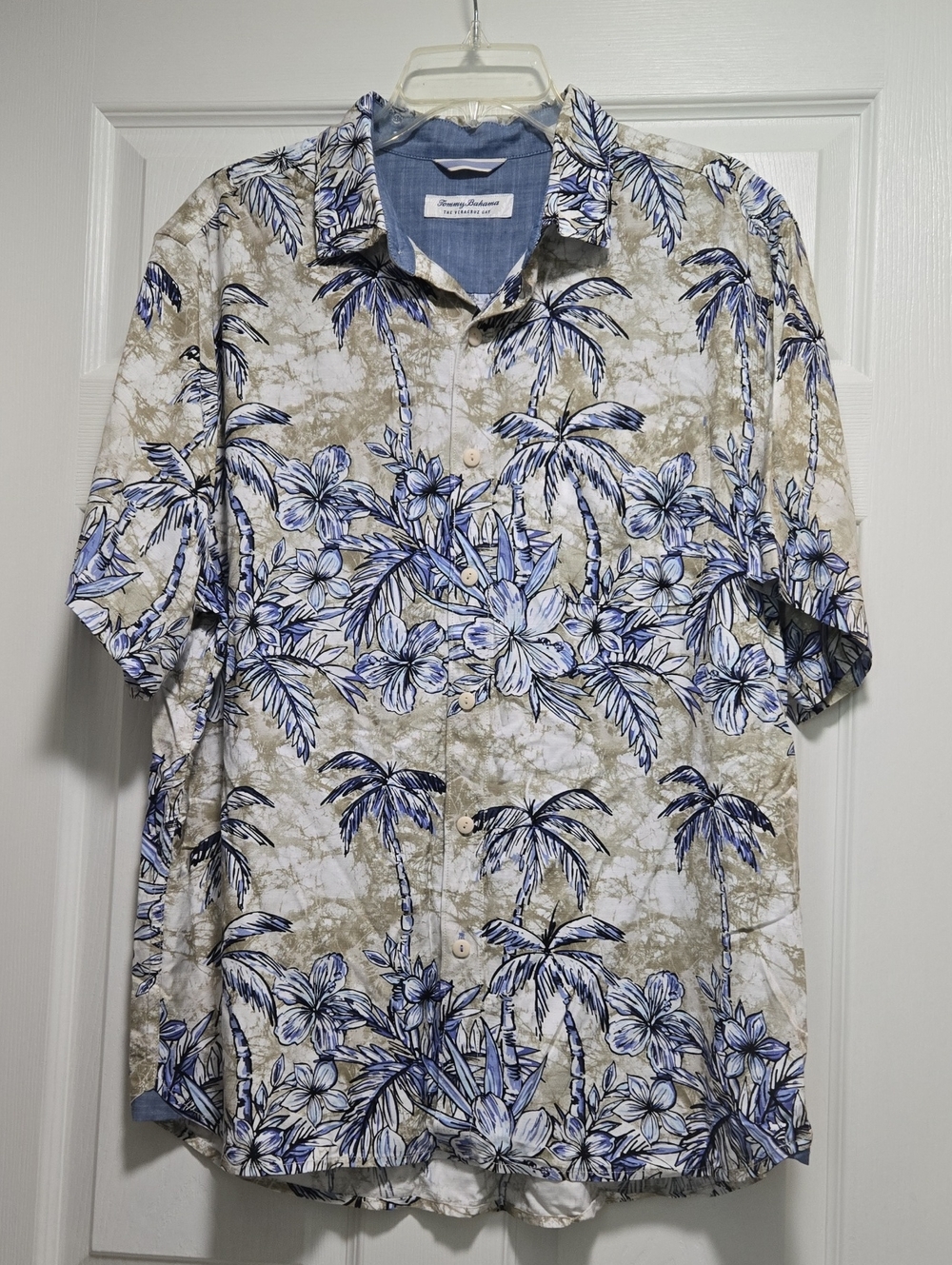 Tommy Bahama Blue and Cream Palm Floral Camp Shirt